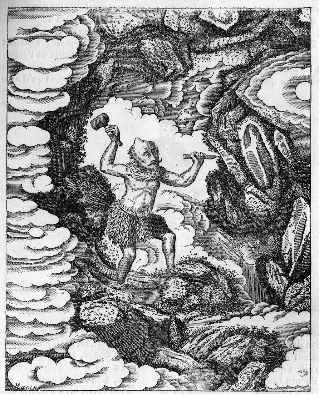 Vorming van de werelden: de Chinese god Pan-Kou-Che snijdt de aardkorst. Gravure in 