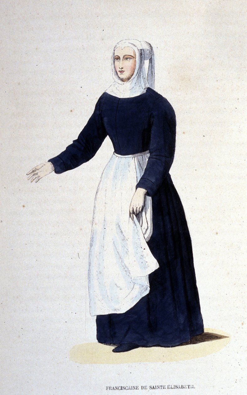 Franciscaanse non van St. Elizabeth. Orde gesticht door St. Elizabeth van Hongarije (1207 - 1231). Gravure uit de 19e eeuw door Unknown artist
