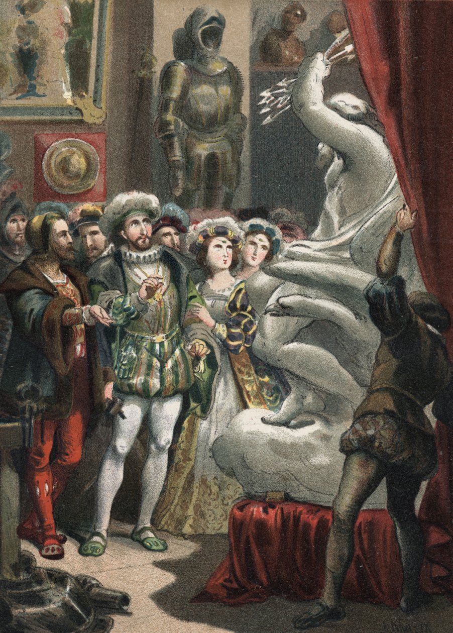 Francois I (1494-1547), Koning van Frankrijk, bij de Italiaanse beeldhouwer Benvenuto Cellini (1500-1571) gravure van 1881 in 
