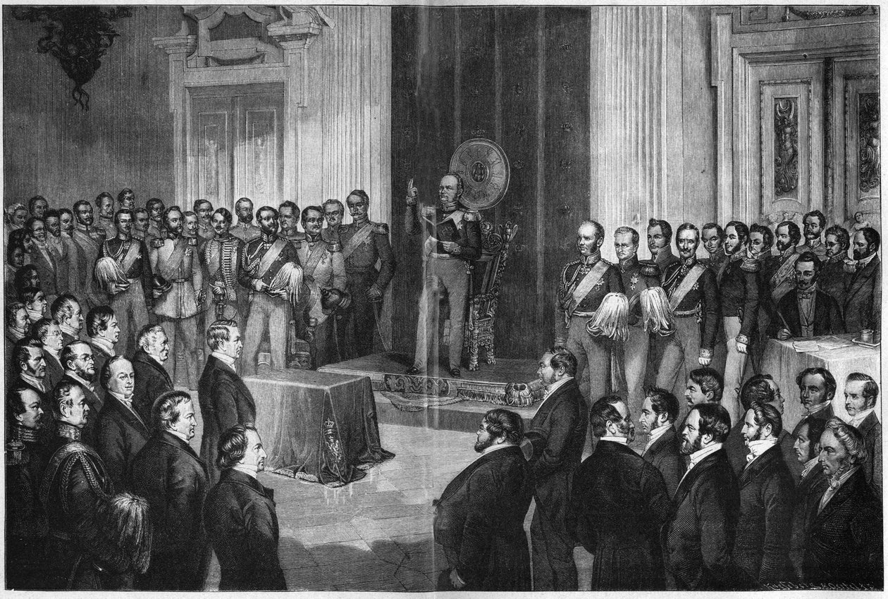 Frederik Willem IV (1795-1861), koning van Pruisen, legt de eed af op de grondwet, 6 februari 1850, houtsnede naar Paul Buerde door Unknown artist