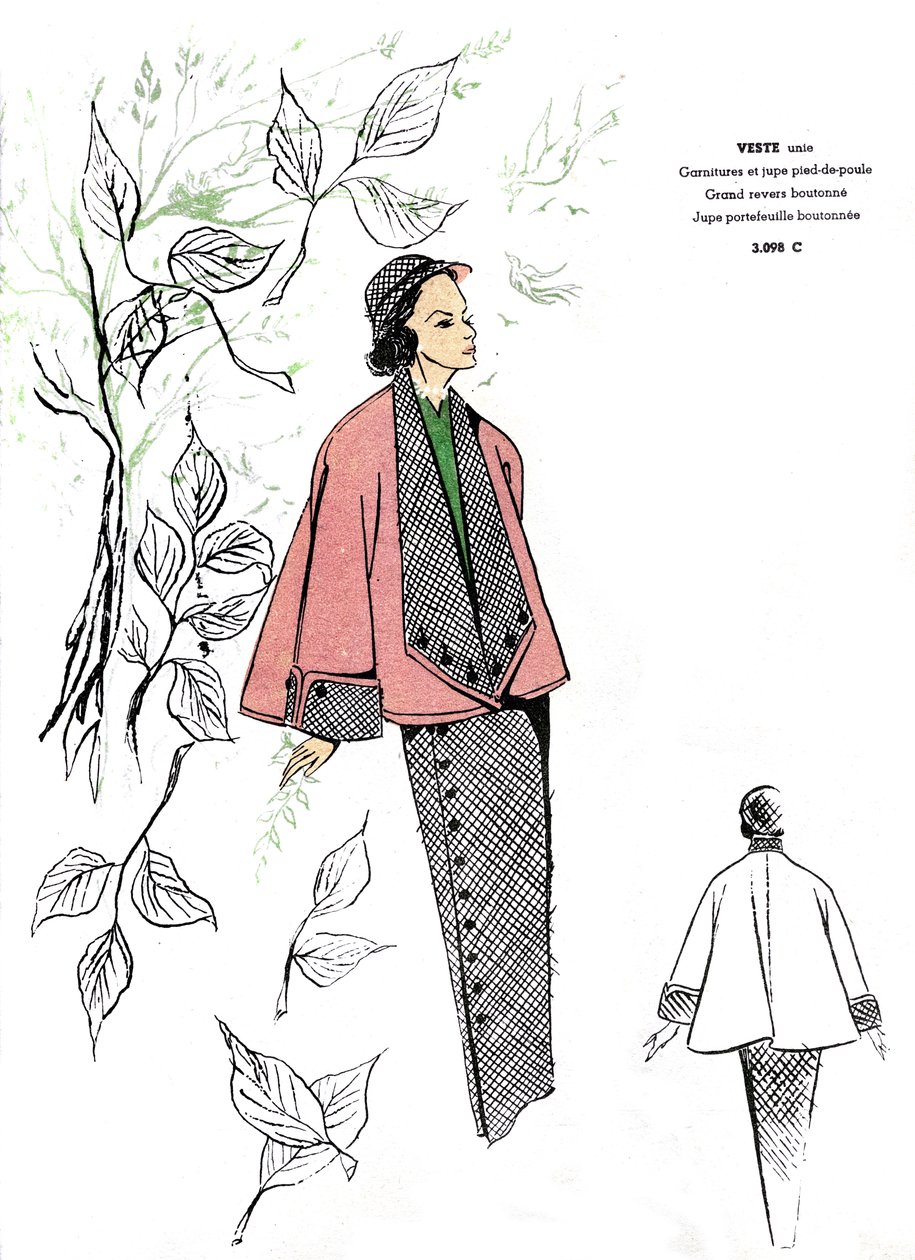 Franse mode, ontwerp voor houndstooth outfit. door Unknown artist