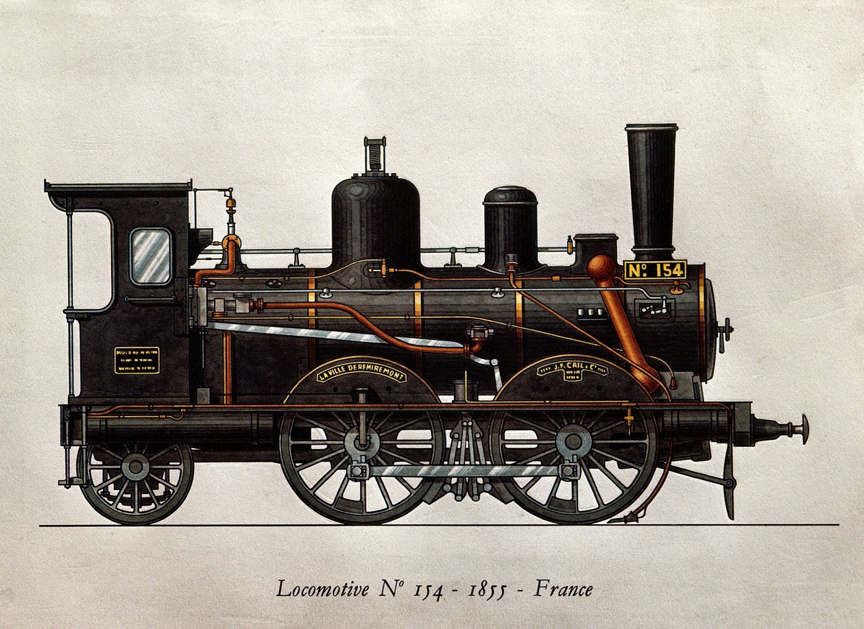 Franse trein: Locomotief Nummer 154 van 1855. Gravure. Parijs, Decoratieve Kunsten door Unknown artist