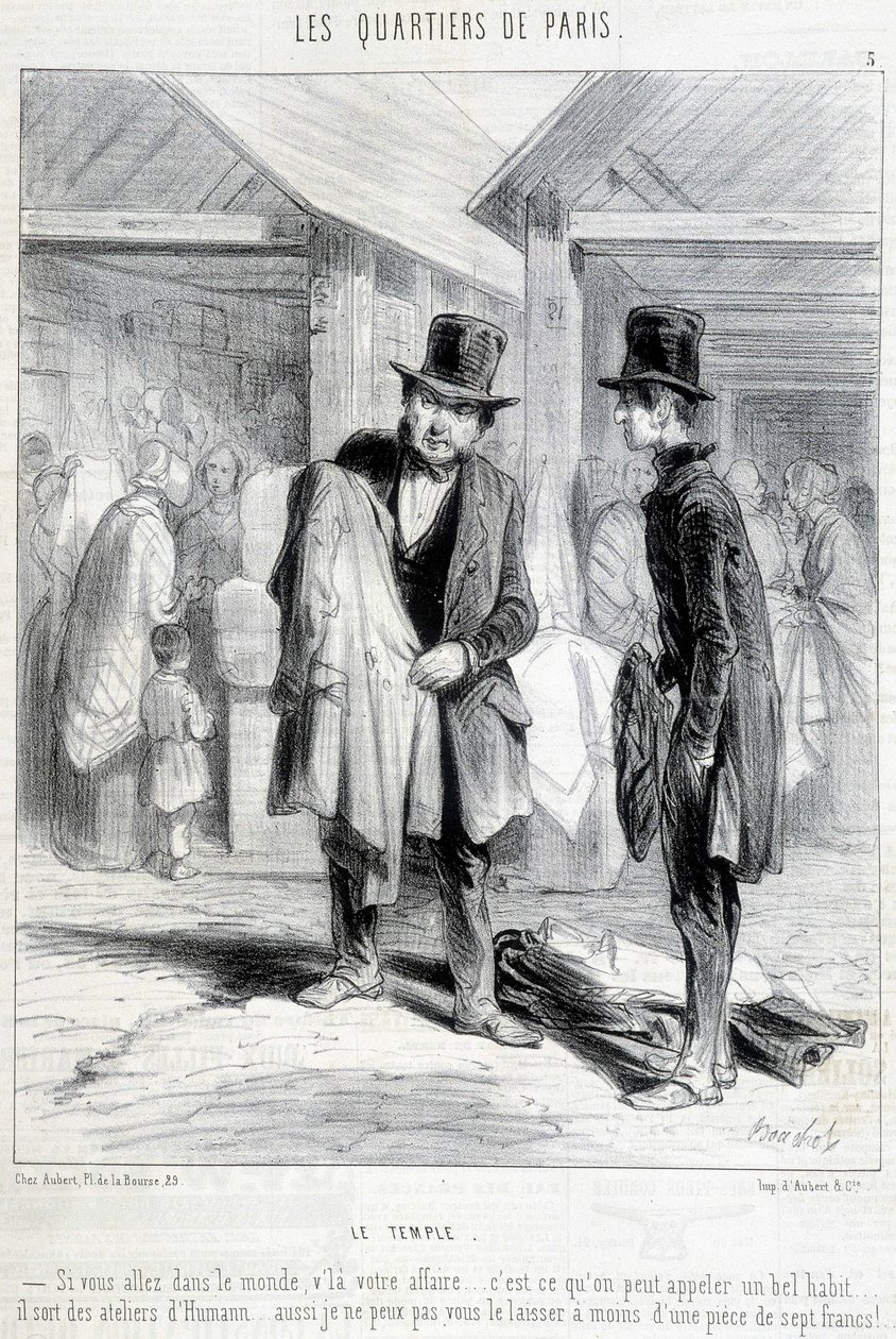 Fripier uit de tempelwijk in Parijs probeert kleding te verkopen aan een man. Gravure uit de 19e eeuw. door Unknown artist