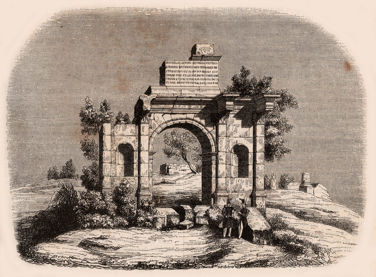 Vooraanzicht van de Romeinse boog van Djemilah in Algerije: twee Franse soldaten poseren voor de ruïnes door Unknown