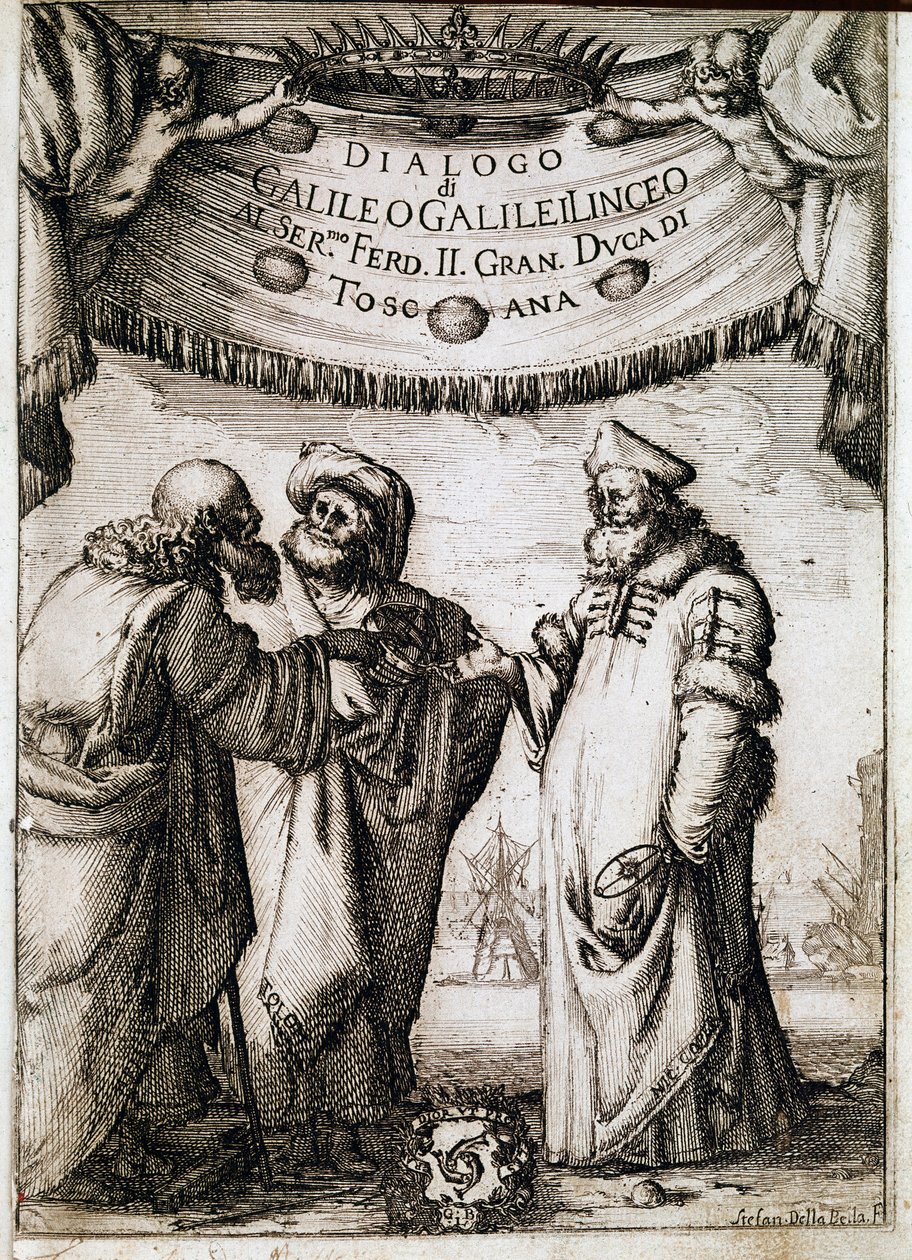 Frontispice van Dialoog over de twee grote wereldsystemen (dialogo sopra i due massimi sistemi del mondo) in opdracht van paus Urbanus VIII aan de astronoom en natuurkundige Galileo Galilei (Galileo Galilei) door Unknown artist