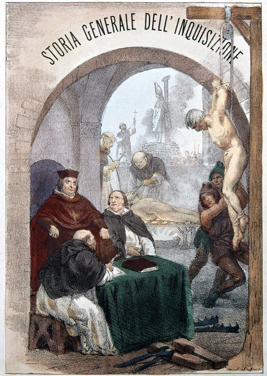 Frontispice van De Algemene Geschiedenis van de Inquisitie door Pietro Tamburini met een illustratie die scènes van symbolische inquisitie uitbeeldt. Milaan 1850 door Unknown artist
