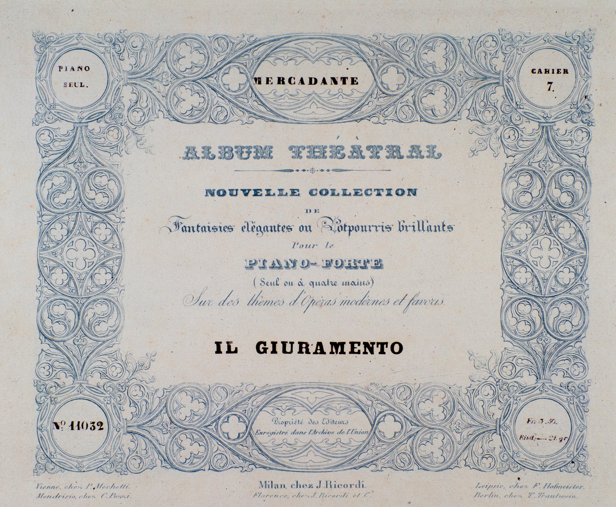 Frontispice van de opera Il Giuramento, door Mercadante (1837) door Unknown artist