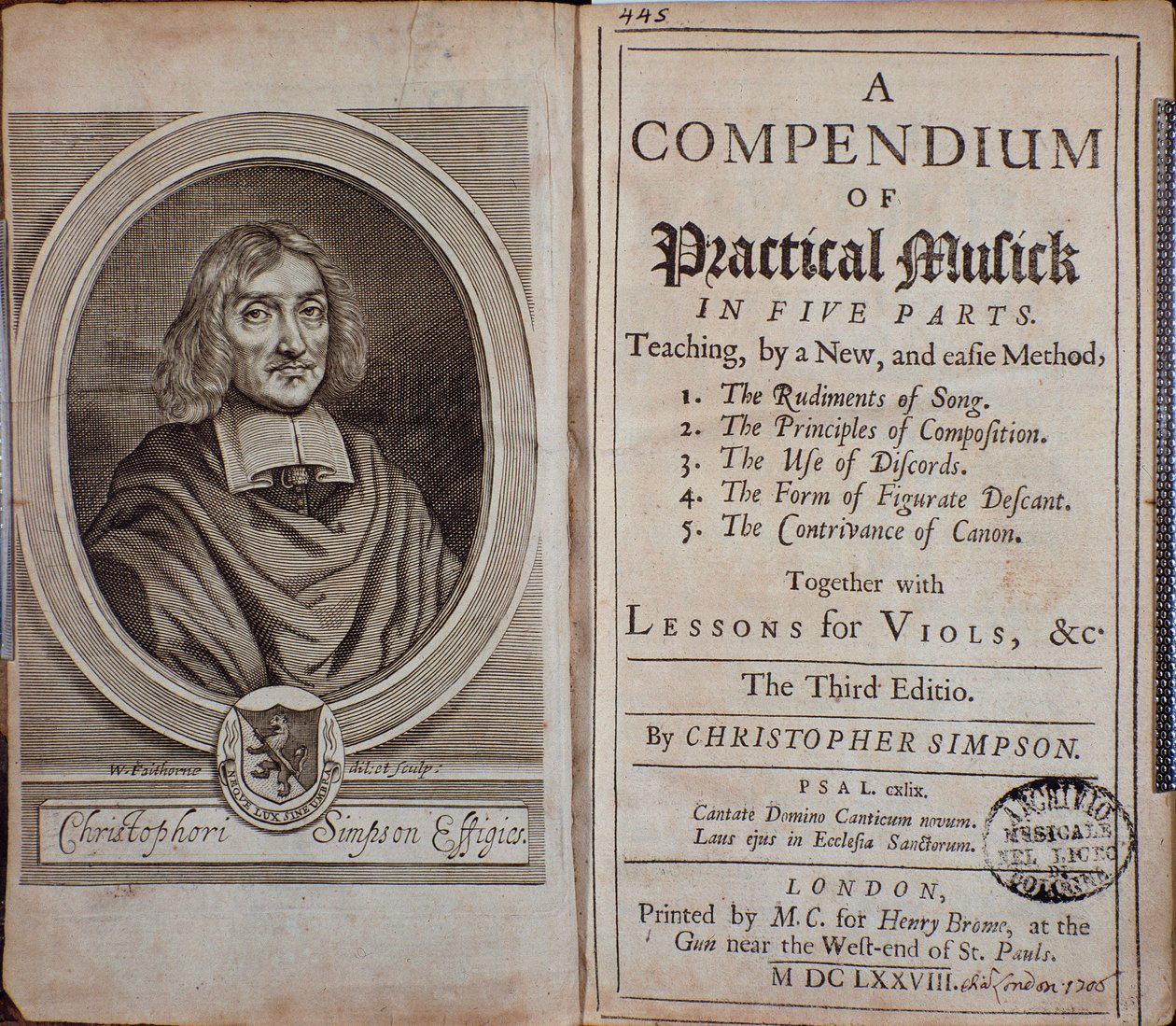 Frontispice van Compendium van praktische muziek met portret van Christopher Simpson door Unknown artist