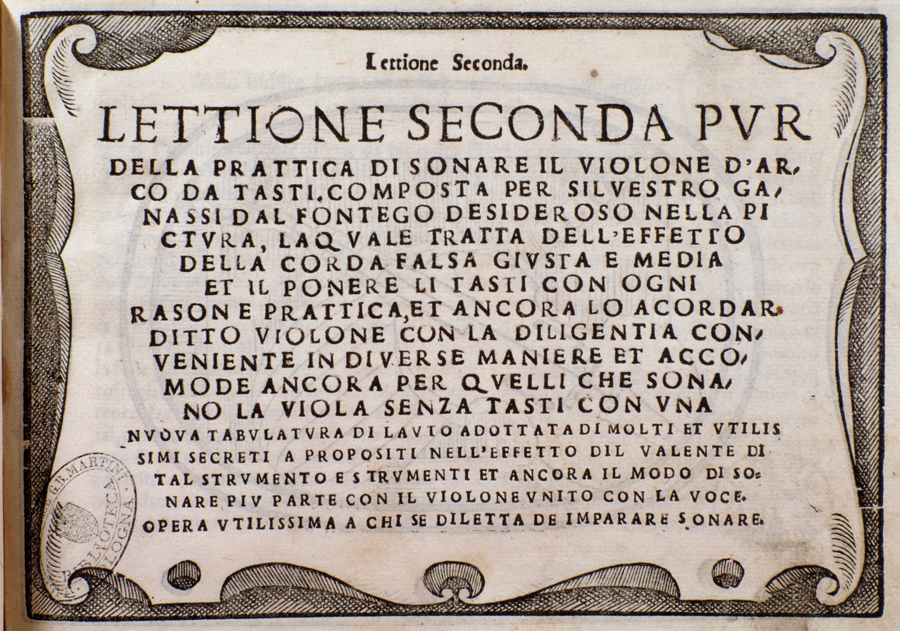 Frontispice van Lettione Seconda door Silvestro Ganassi dal Fontego door Unknown artist