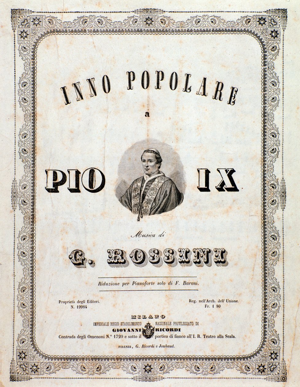 Frontispice van muzikale partituur Populair hymne voor Pius IX door Unknown artist