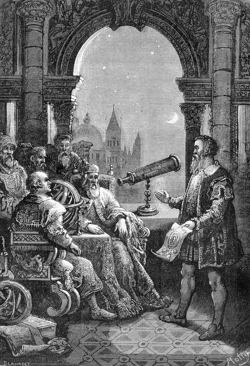 Galileo Galilei presenteert de eerste astronomische bezel aan de Doge van Venetië door Unknown artist
