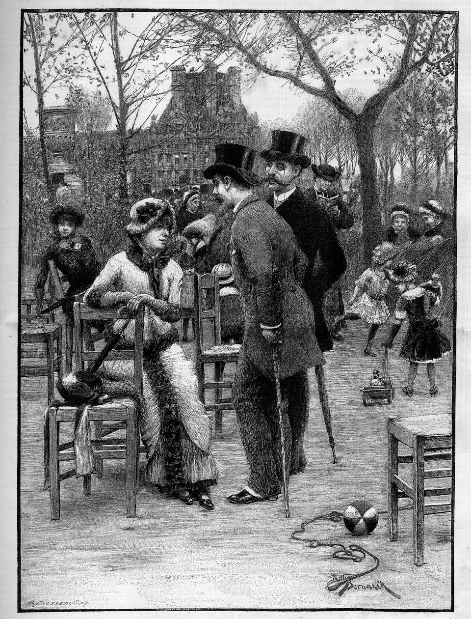 Galante conversatie tussen twee mannen en een jonge vrouw, allen zeer elegant, in de Tuilerieën in Parijs tijdens de zomer. Gravure in 