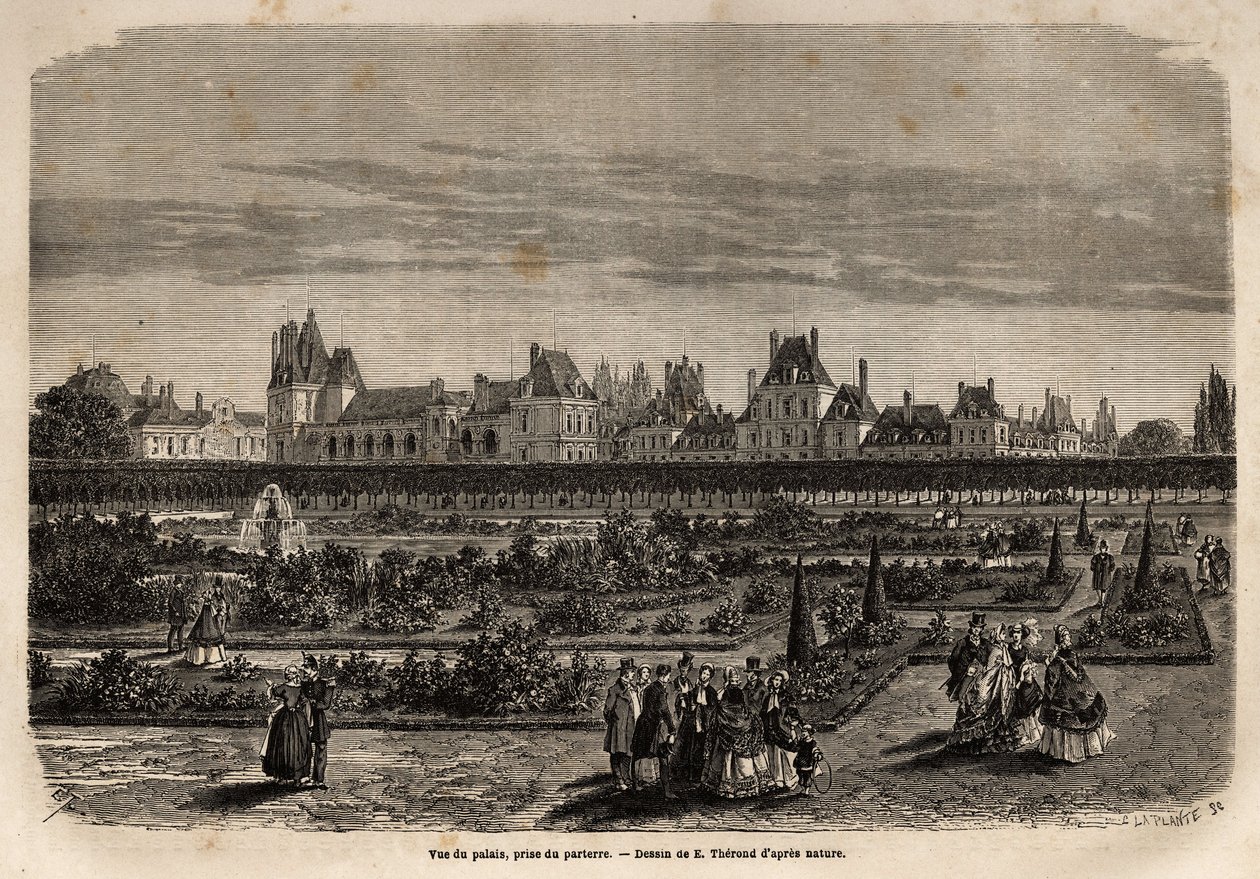 Algemeen overzicht van het paleis en de tuinen van Fontainebleau, genomen vanaf de vloer. Gravure ter illustratie van een beschrijving van het kasteel en het bos van Fontainebleau, in 1867, door M. Pays, in 
