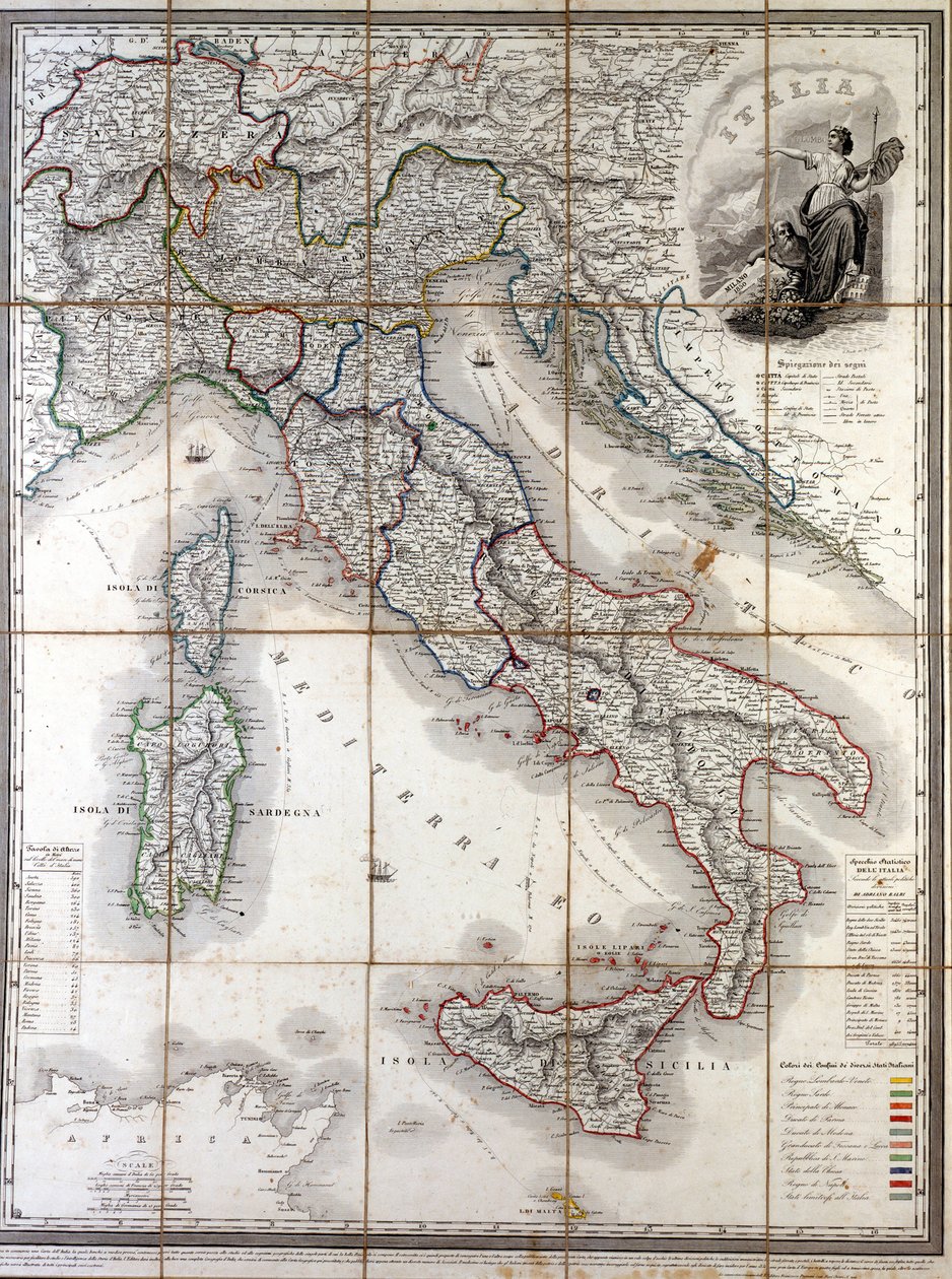 Geografische kaart van Italië in 1850 met de afbakening van de grenzen van de verschillende staten die het land vormden vóór de Risorgimento. door Unknown artist