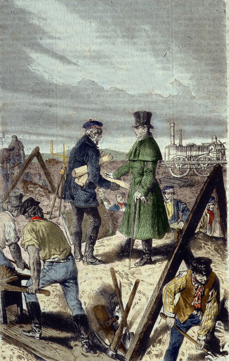 Georges Stephenson (1781-1848), Engelse ingenieur, bouwer van de Liverpool Manchester Road met zijn eerste locomotief door Unknown artist