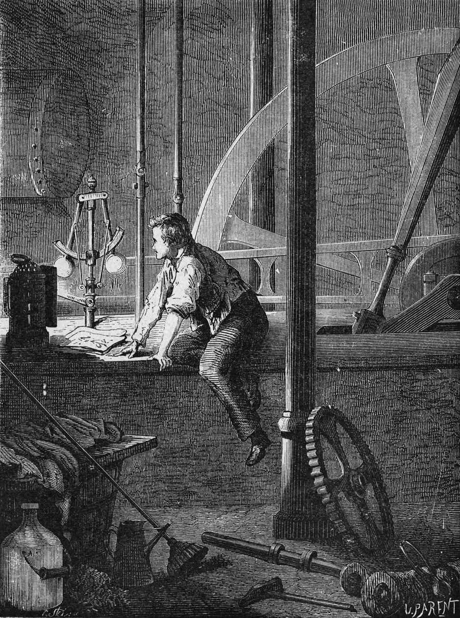 Georges Stephenson, een machinist in Newcastle, demonteert en repareert zijn stoommachine. In 