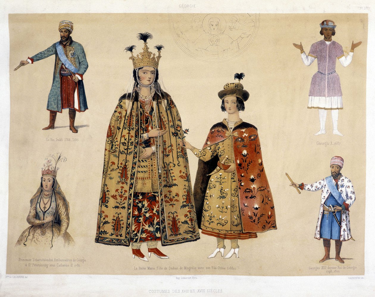 Georgische kostuumbord in de 16e en 17e eeuw: Koning Irakli (1744 - 1798), Gheorghi X (1687), Prinses Chartchevadze (Ambassadeur van Georgië in St. Petersburg onder Catharina II 1780), Koningin Mary (dochter van Dadian van Mingrelie met haar zoon Otthia 1 door Unknown artist