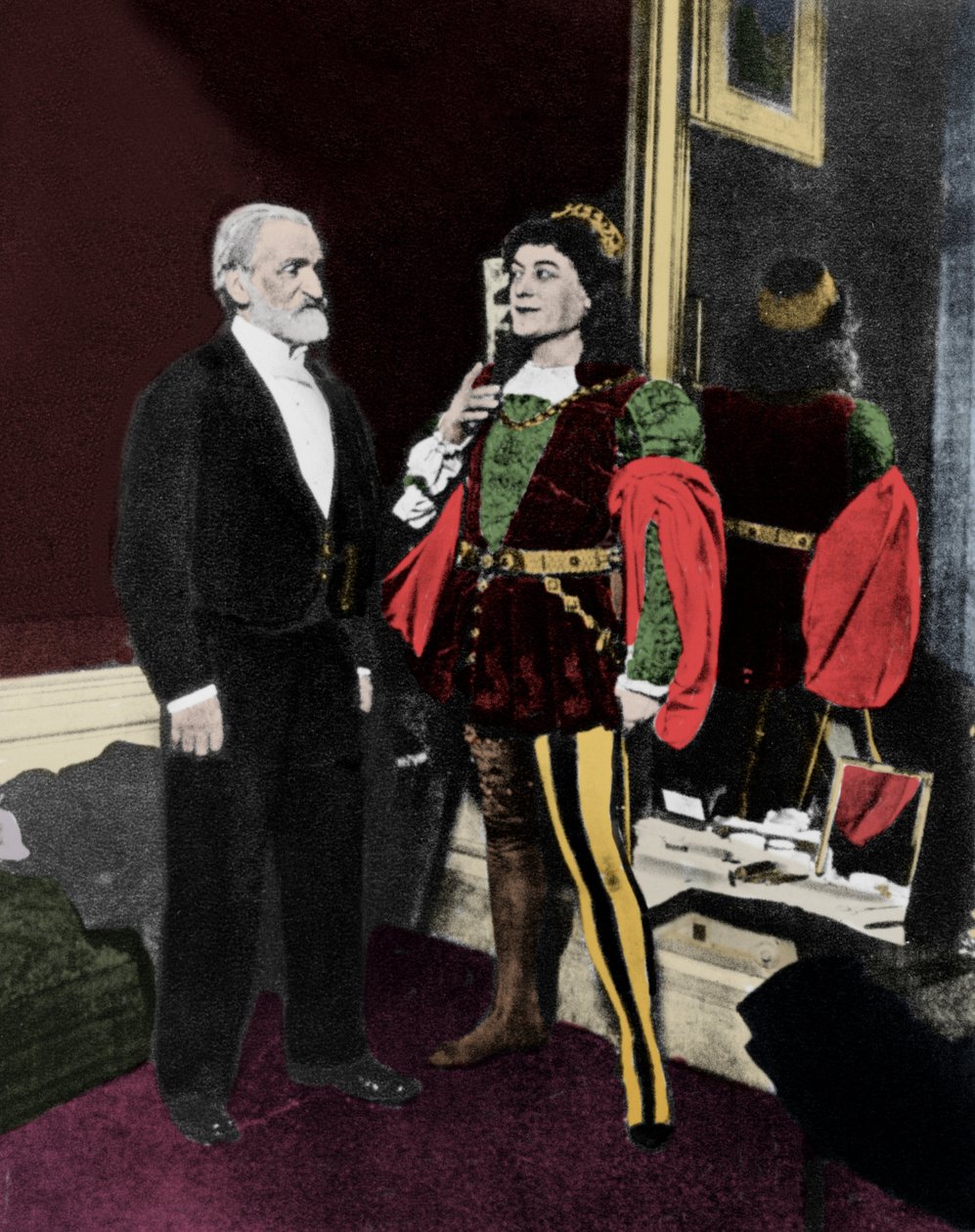 Giuseppe Verdi en Victor Maurel (in Iago) in februari 1887 in de Scala in Milaan na de première van Otello door Unknown artist