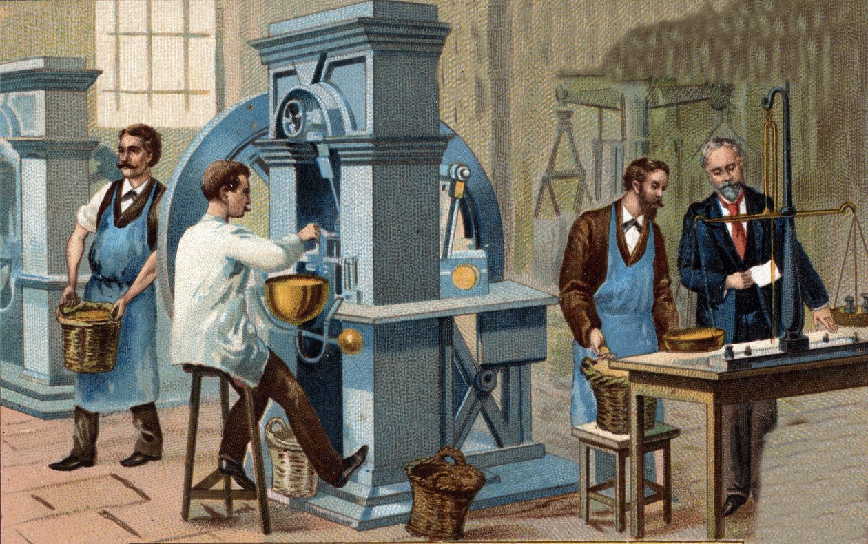Goudmijnbouw. Munt- en verificatiewerkplaats. Chromolithografie uit de late 19e eeuw. door Unknown artist