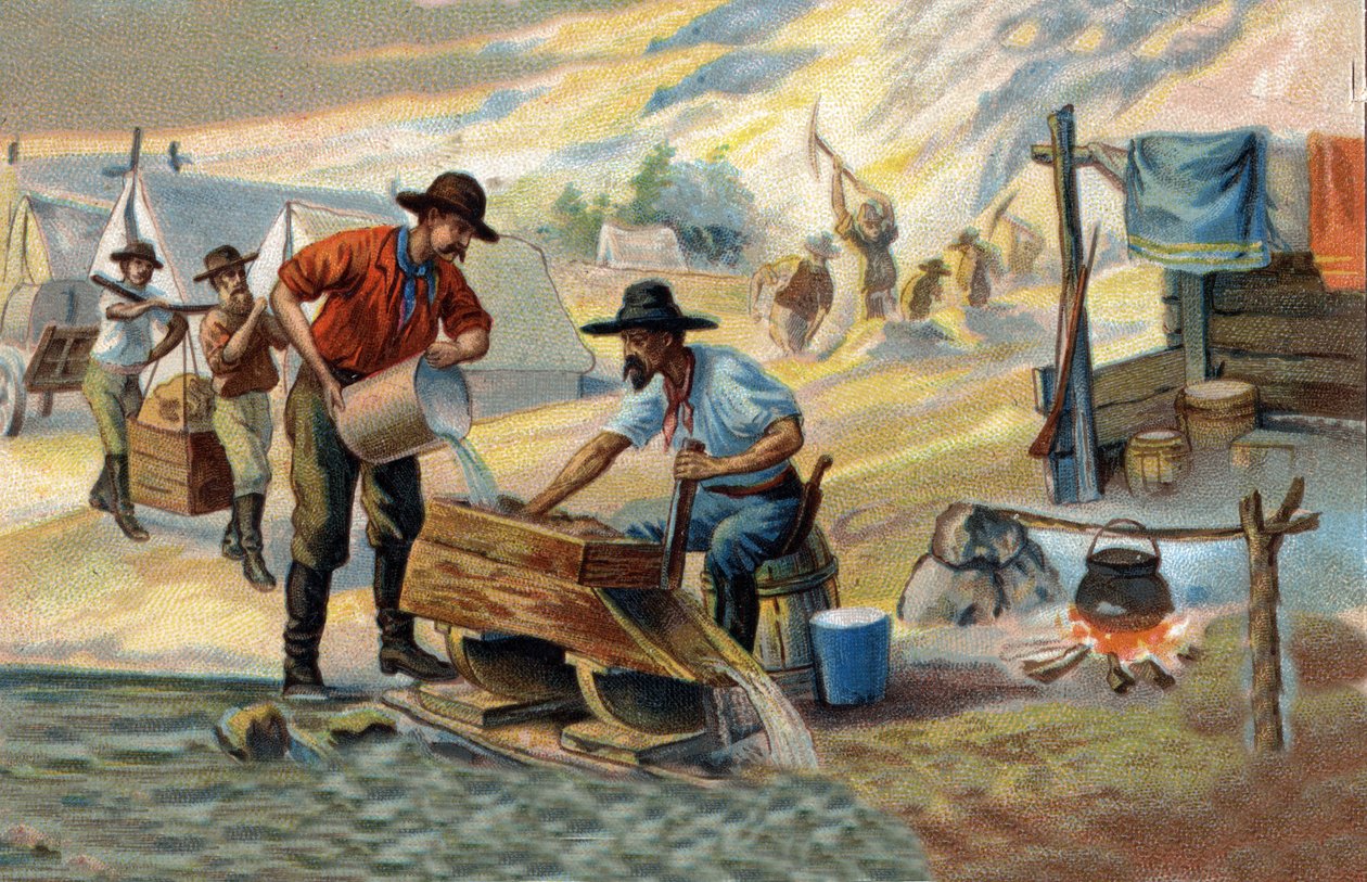 Goudzoeker: methode om inheems goud te wassen dat wordt gescheiden van stenen en zand. Chromolithografie uit de late 19e eeuw. door Unknown artist