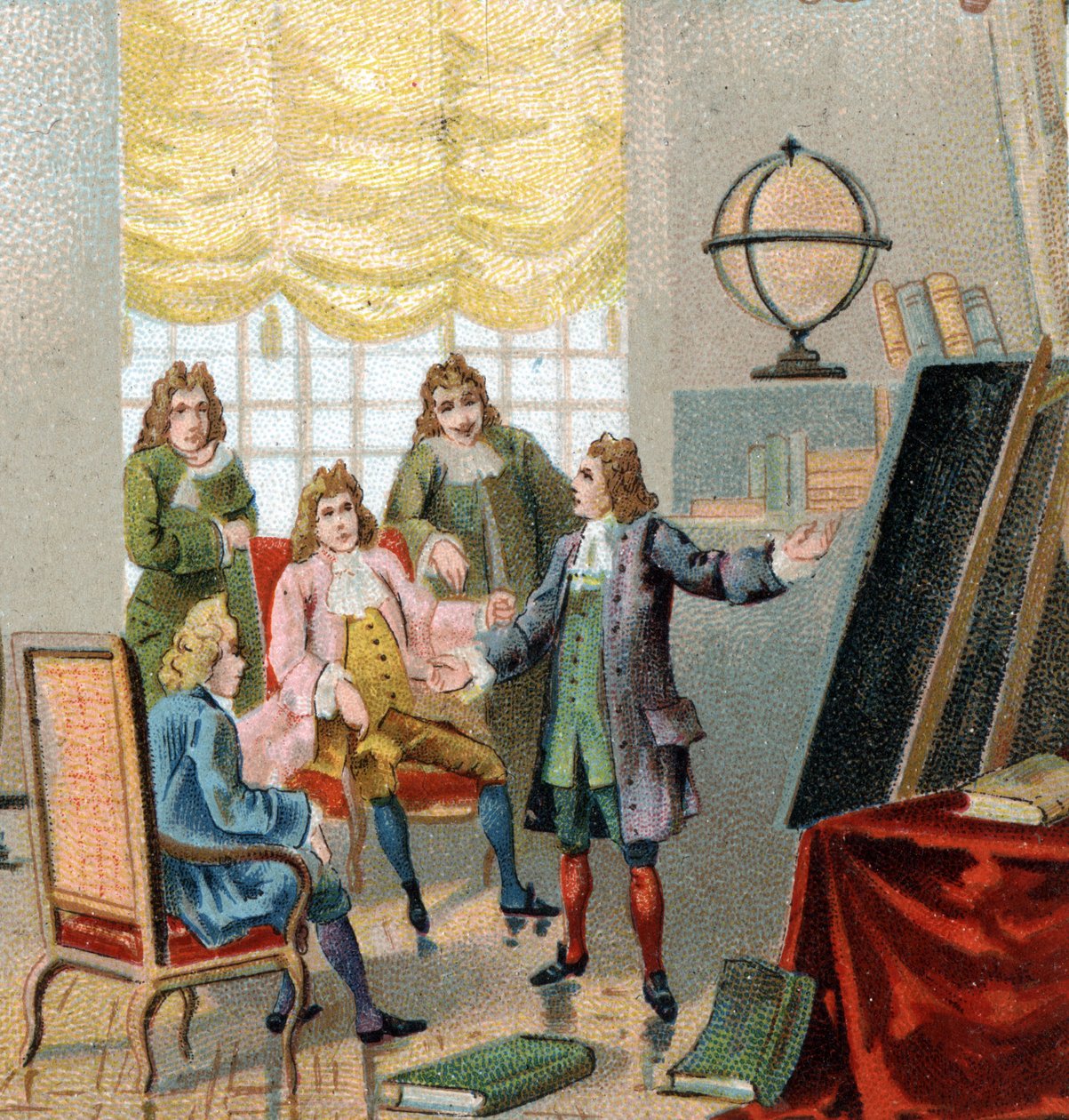 Gottfried Wilhelm Leibniz (1646-1716), Duitse filosoof en wiskundige; demonstreert zijn theorieën over differentiaalrekening. Chromolithografie, eind 19e eeuw door Unknown artist