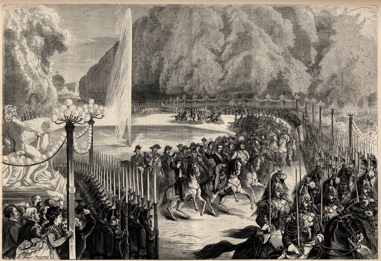 Groot magazijn van 14 augustus: Keizer Napoleon III (1808-1873), gevolgd door zijn staf, steekt de Tuilerieën-tuin in Parijs over. Zijn zoon, de keizerlijke prins Eugène Louis Joseph (1856-1879), is aan zijn rechterzijde. Gravure in 
