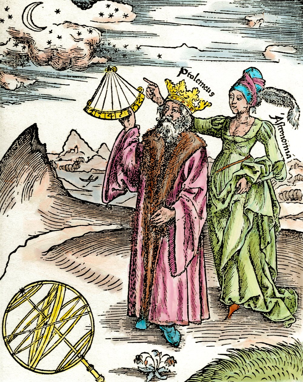 Griekse astronoom Claudius Ptolemaeus met een sextant en astronomie door Unknown artist