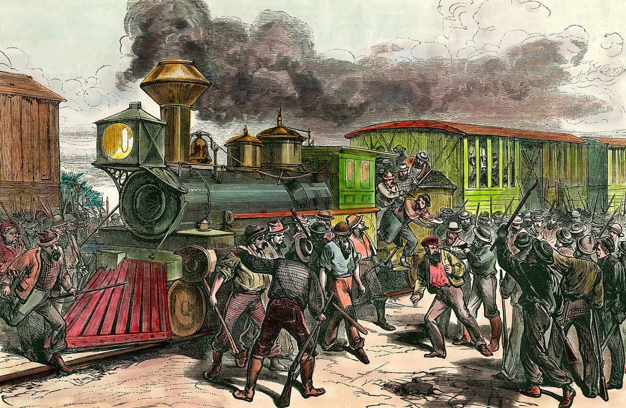 Staking op de spoorlijn tussen Baltimore en Ohio. Arbeiders jagen bestuurders en ingenieurs van een trein die naar Baltimore gaat. 1877 19e-eeuwse gravure Privécollectie door Unknown artist