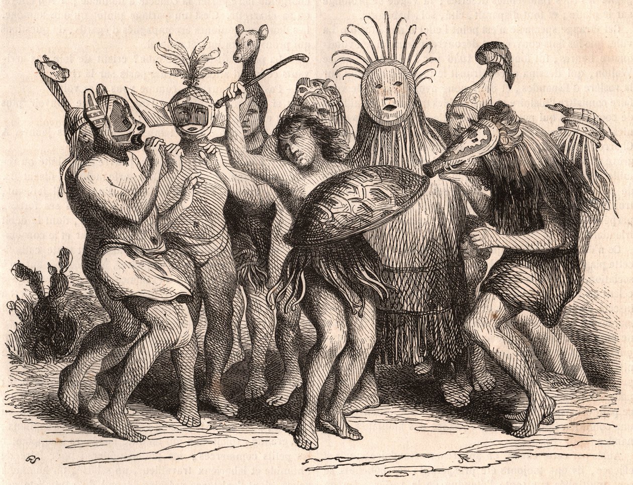 Groep Braziliaanse wilden dansend met kostuums, maskers en traditionele hoofdtooien door Unknown