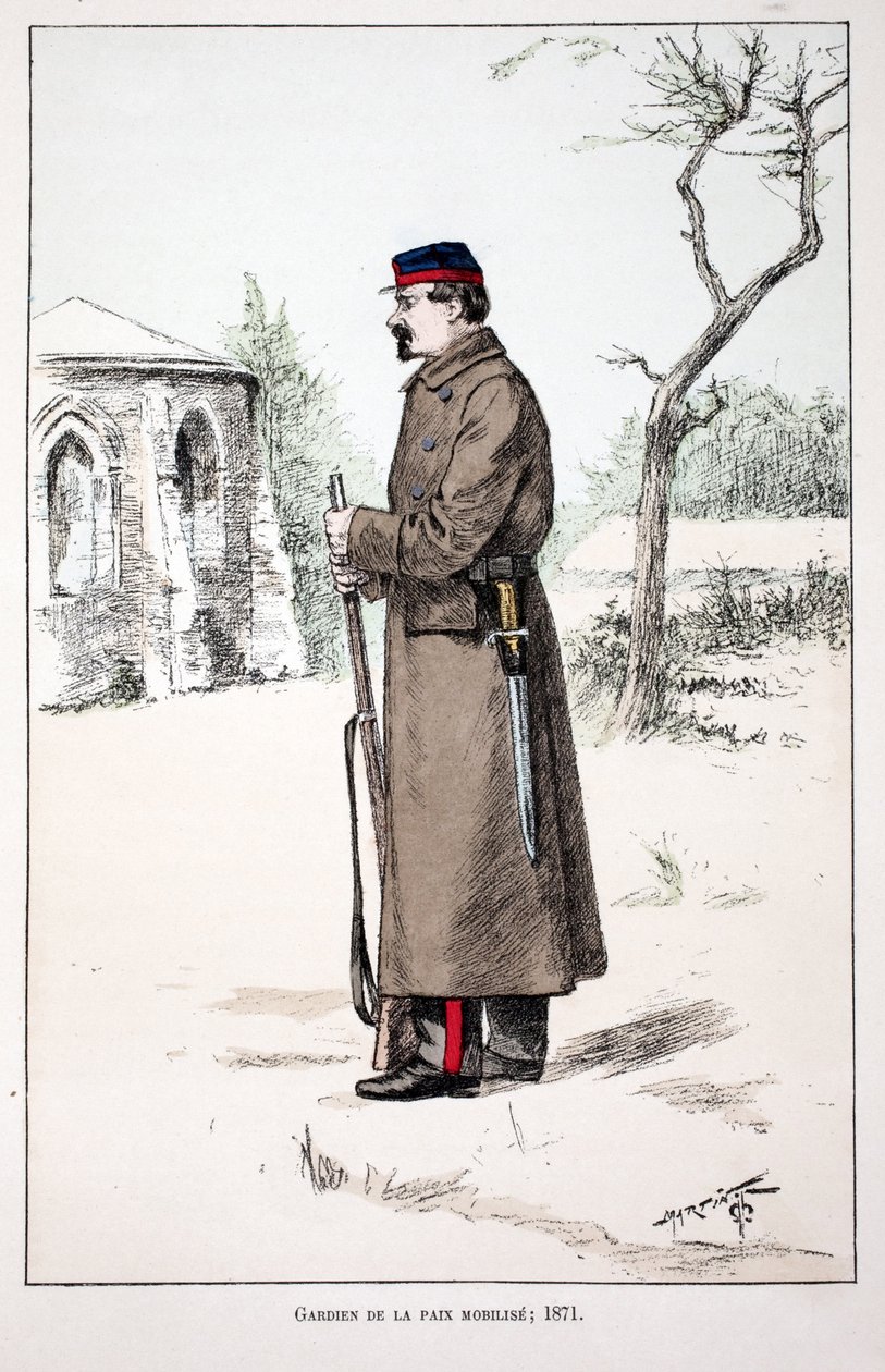 Vredesbewakers mobiliseren (1871). Kleurgravure, ter illustratie van het boek Histoire du corps des gardiens de la paix, gepubliceerd onder auspiciën van Louis Lepine (1846-1933) prefect van politie van de Seine, door Alfred Rey (1864-?) en Louis Feron (18 door Unknown artist