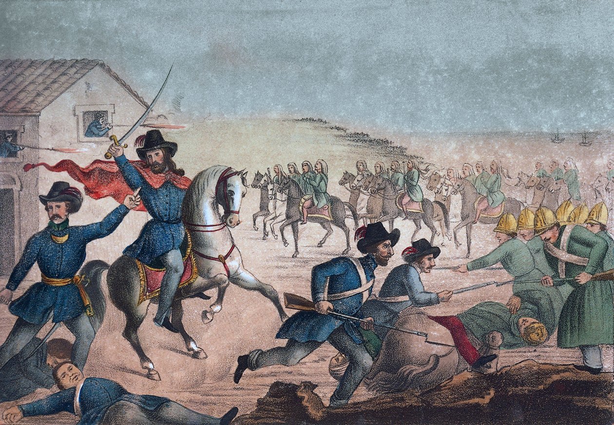 Guerra Grande: Garibaldi bij de Slag om San Antonio, 8 februari 1846 - Uruguay - Uruguayaanse Burgeroorlog: Giuseppe Garibaldi tijdens de Slag om San Antonio in Uruguay op 8 februari door Unknown artist