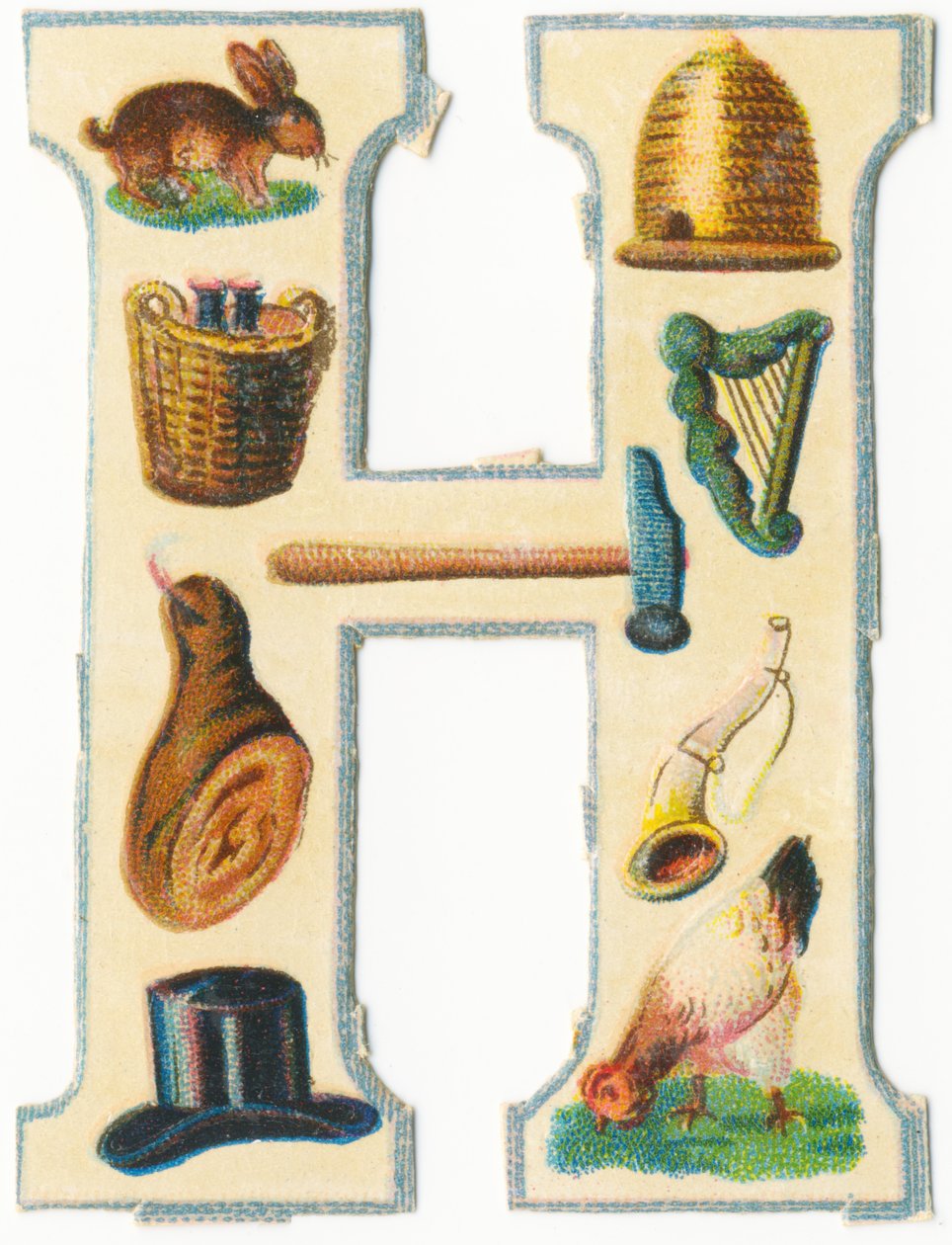 H: haas, bijenkorf, oogstmand, harp, hamer, ham, hoorn, hoed, hen door Unknown artist