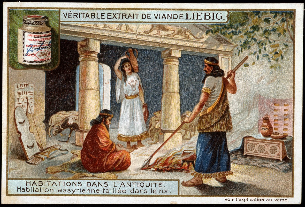 Woningen in de oudheid: Assyrische woning uitgehouwen in de rots (Mesopotamië) - Liebig chromolithografie door Unknown artist