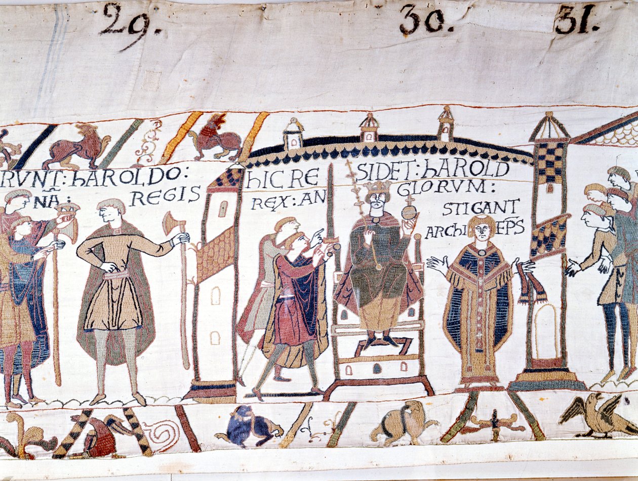 Harold II (1022 - 1066) werd uitgeroepen tot koning na de dood van Edward de Belijder in 1066 maar stierf al snel in de Slag bij Hastings. Tapijt van Bayeux of Borduurwerk door Koningin Mathilde door Unknown artist