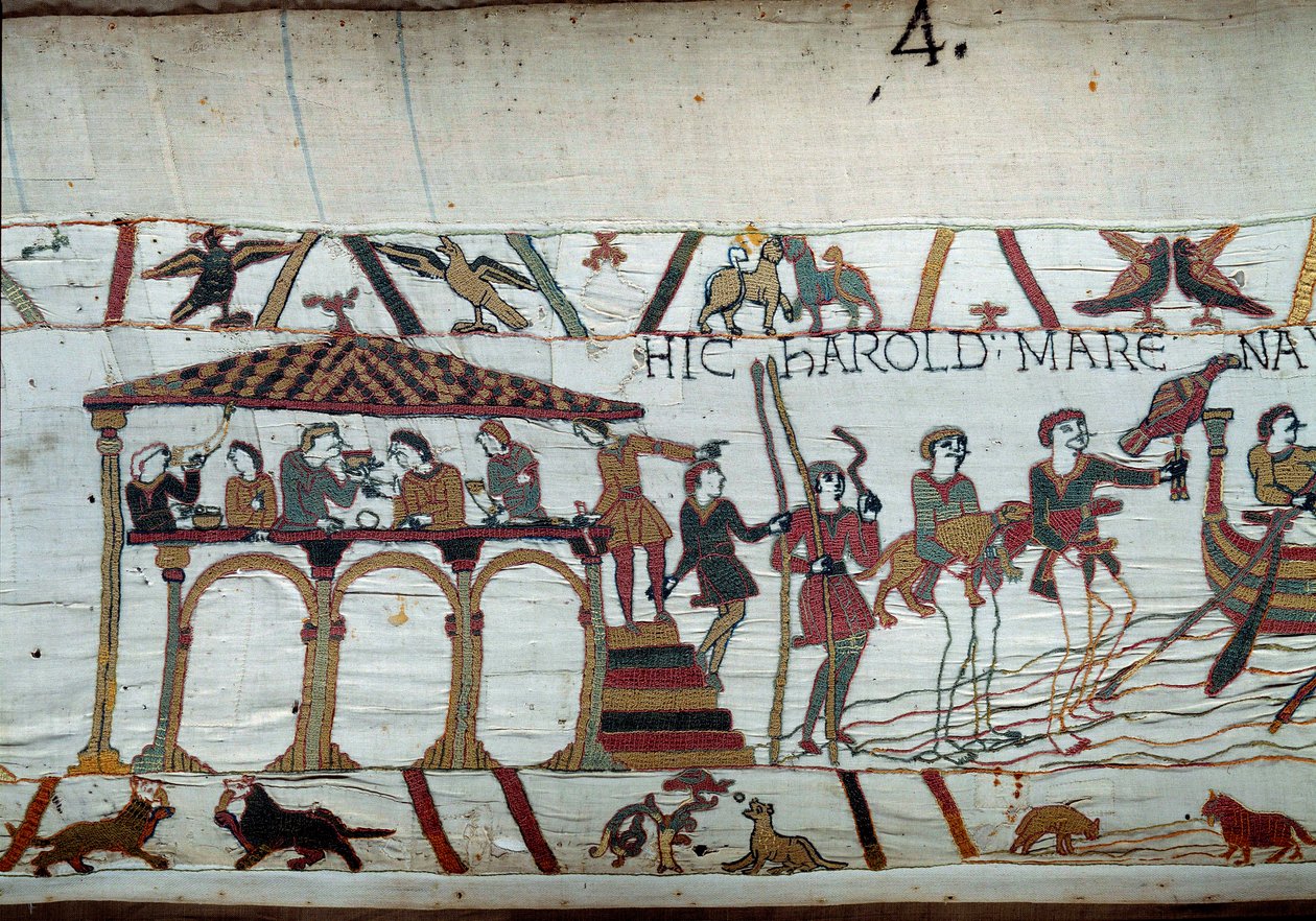 Harold wordt door de koning van Engeland Edward de Belijder naar Normandië gestuurd om hertog Willem de Veroveraar te informeren dat hij zijn opvolger zal zijn: de laatste maaltijd op land voor het inschepen naar Normandië (detail van het tapijt) door Unknown artist