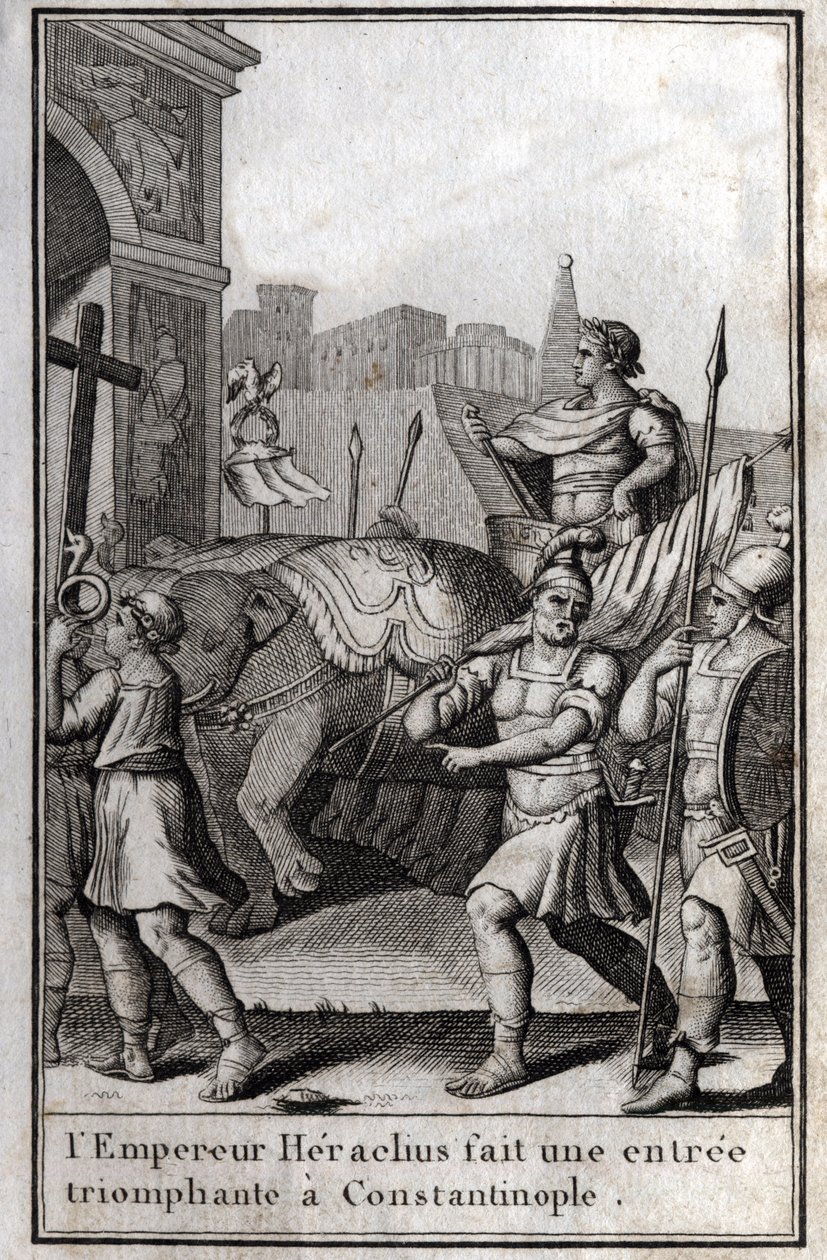 Heraclius I (Flavius Heraclius, Herakleios), Byzantijnse keizer, maakte een triomfantelijke intocht in Constantinopel. Hij klom op een wagen getrokken door vier olifanten en bracht voor zich het Ware Kruis (Heilige Kruis) dat was meegenomen door Unknown artist