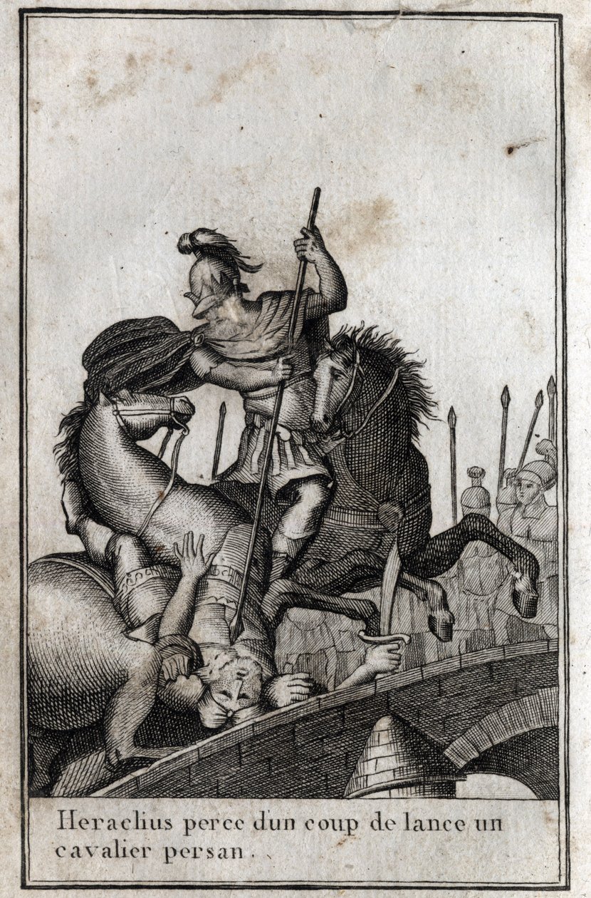 Heraclius I, Byzantijnse keizer, doorboort een Perzische ruiter (oorlog tegen de Perzen), 7e eeuw. Gravure in 