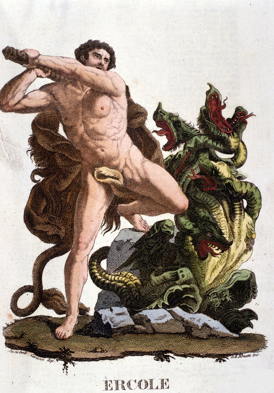 Hercules verslaat de Hydra van Lerna - gravure door Unknown artist