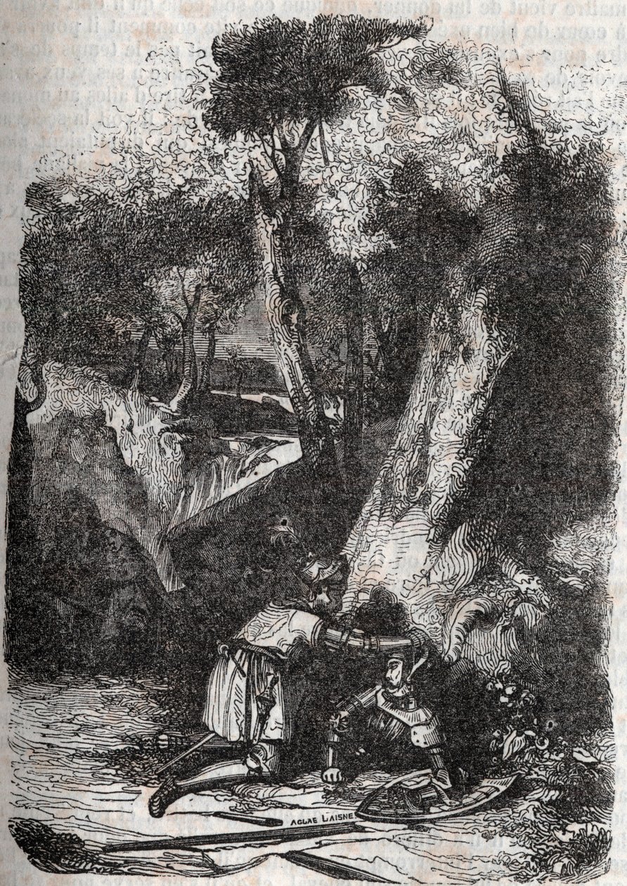 Hermonides omvergeworpen en gered door Zerbin - gravure van 1851 uit 