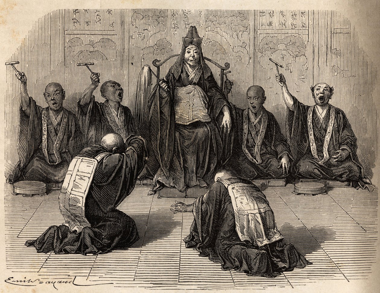 Hoge boeddhistische priester die aanbeden wordt, omringd door zijn discipelen die het ritueel ritmeren met gong en bekkens. Gravure ter illustratie van de reis naar Japan in 1863-1864, door Aime Humbert, minister van de Zwitserse Confederatie, in 