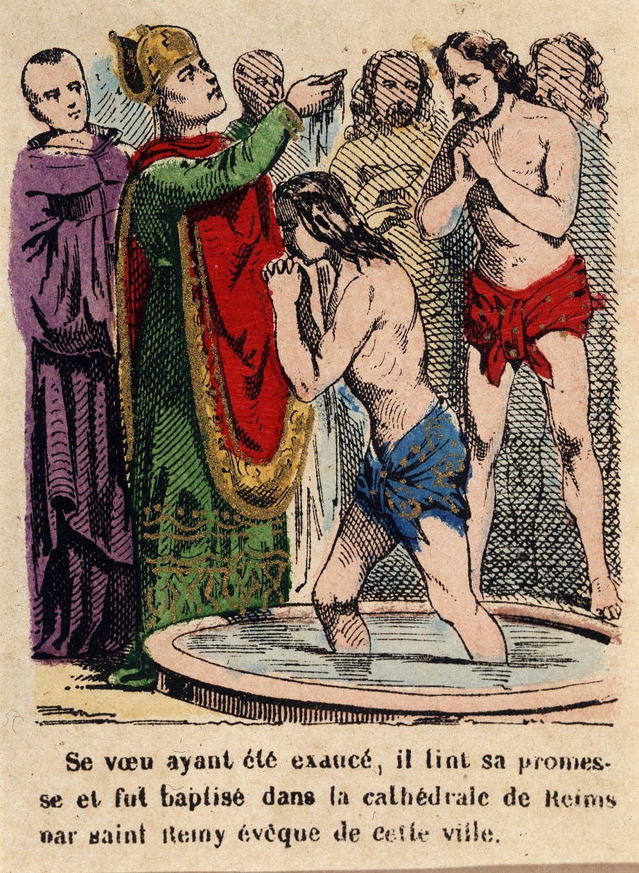 Zijn gelofte was vervuld, Clovis werd gedoopt in de kathedraal van Reims door Sint Remigius, bisschop van de stad door Unknown artist