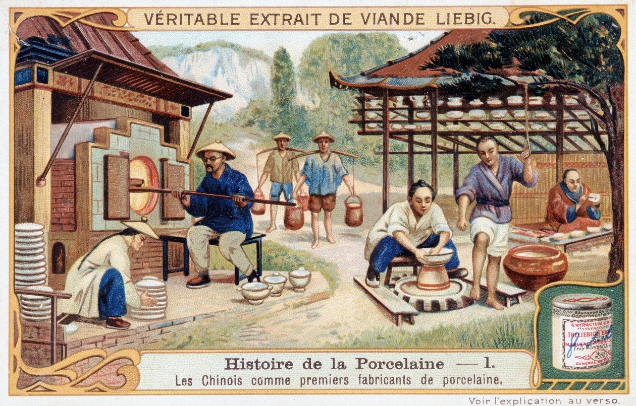 Geschiedenis van porselein: de Chinezen als de eerste fabrikanten van porselein - Liebig chromolithografie door Unknown artist