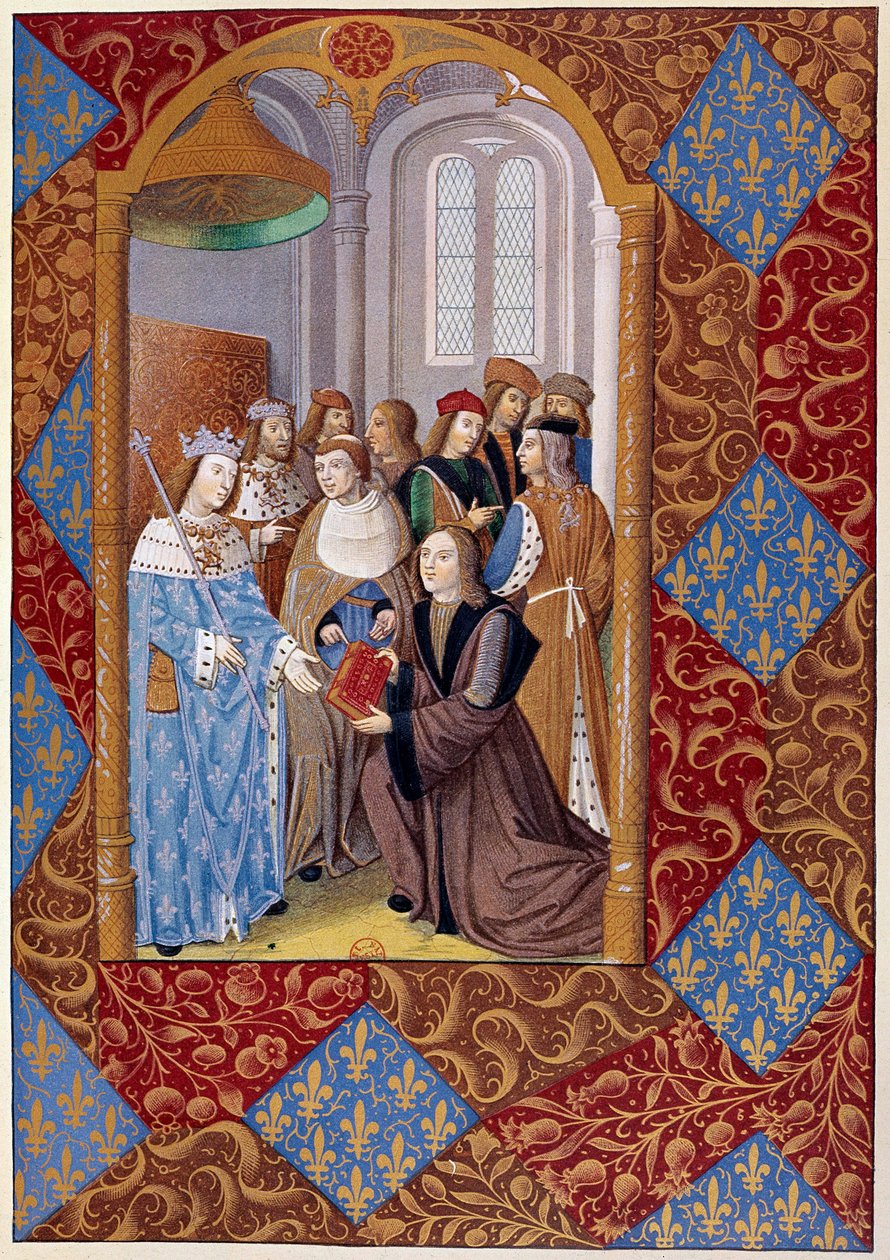 Geschiedenis van de drukkunst: uitgever Antoine Verard (? -1513) presenteert zijn boek aan koning Karel VIII. Uit een manuscript uit 1494 door Unknown artist