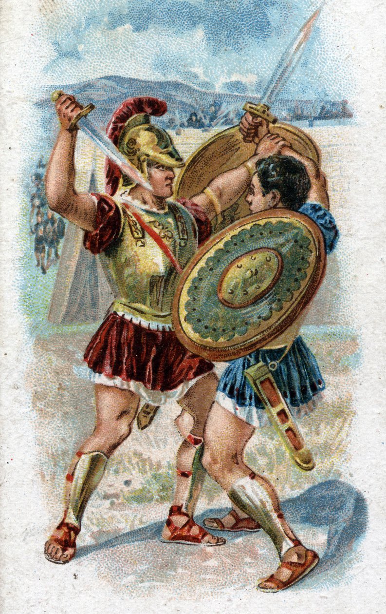 Geschiedenis van het leven van Achilles, legendarische held van de Trojaanse Oorlog: Achilles vecht tegen Hector om de dood van Patroclus te wreken. Chromolithografie uit 1890. door Unknown artist