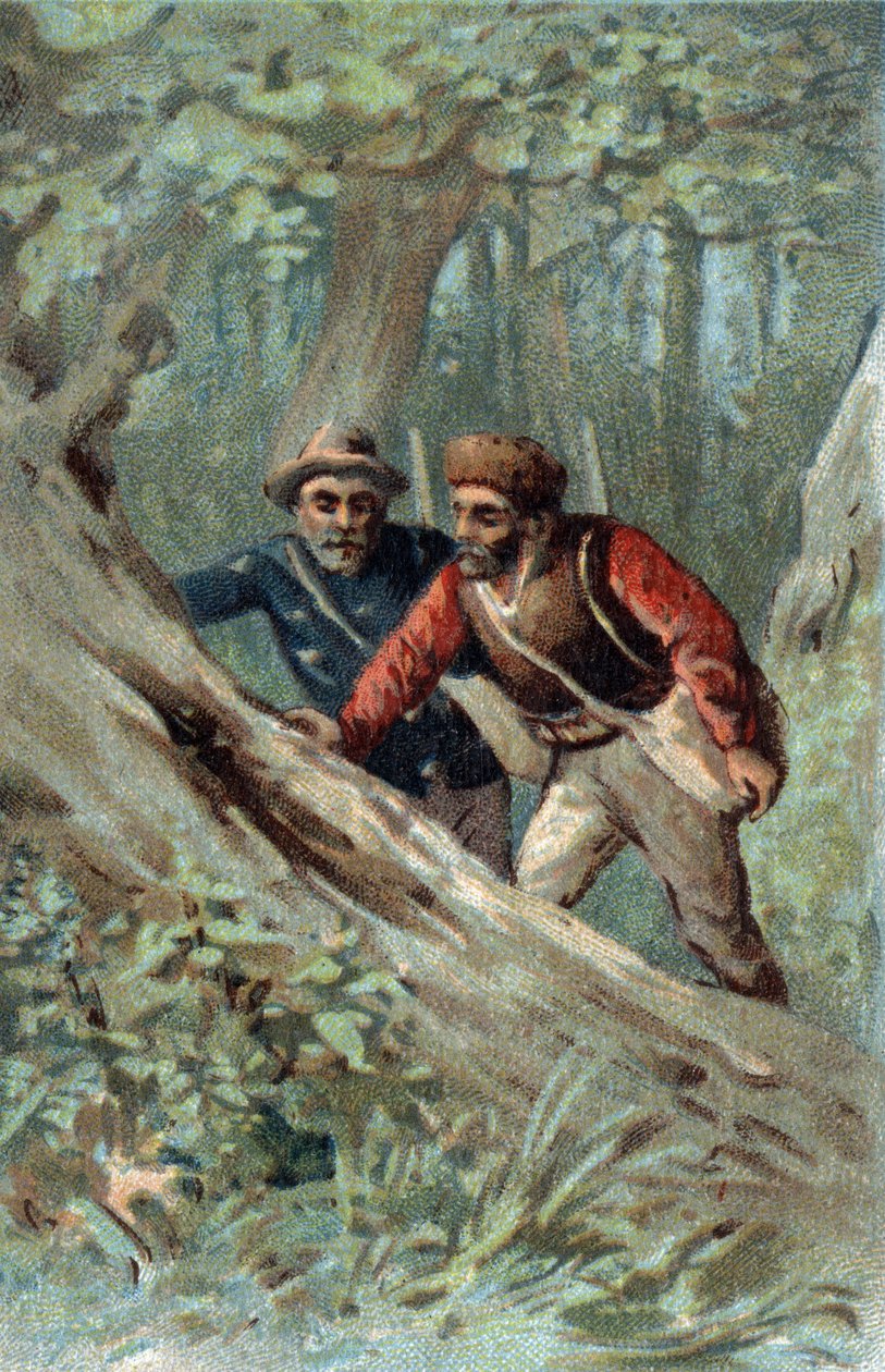 Honingjagers in Canada op zoek naar een zwermboom. Chromolithografie van het einde van de 19e eeuw. door Unknown artist