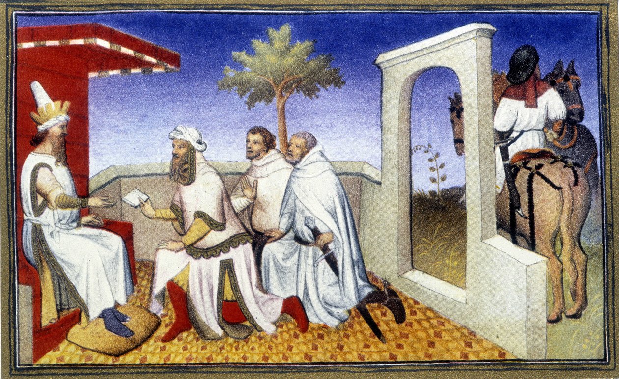 Hoe de Grote Khan de bevelstabletten overdroeg aan de gebroeders Polo, begin 20e eeuw (print) door Unknown Artist