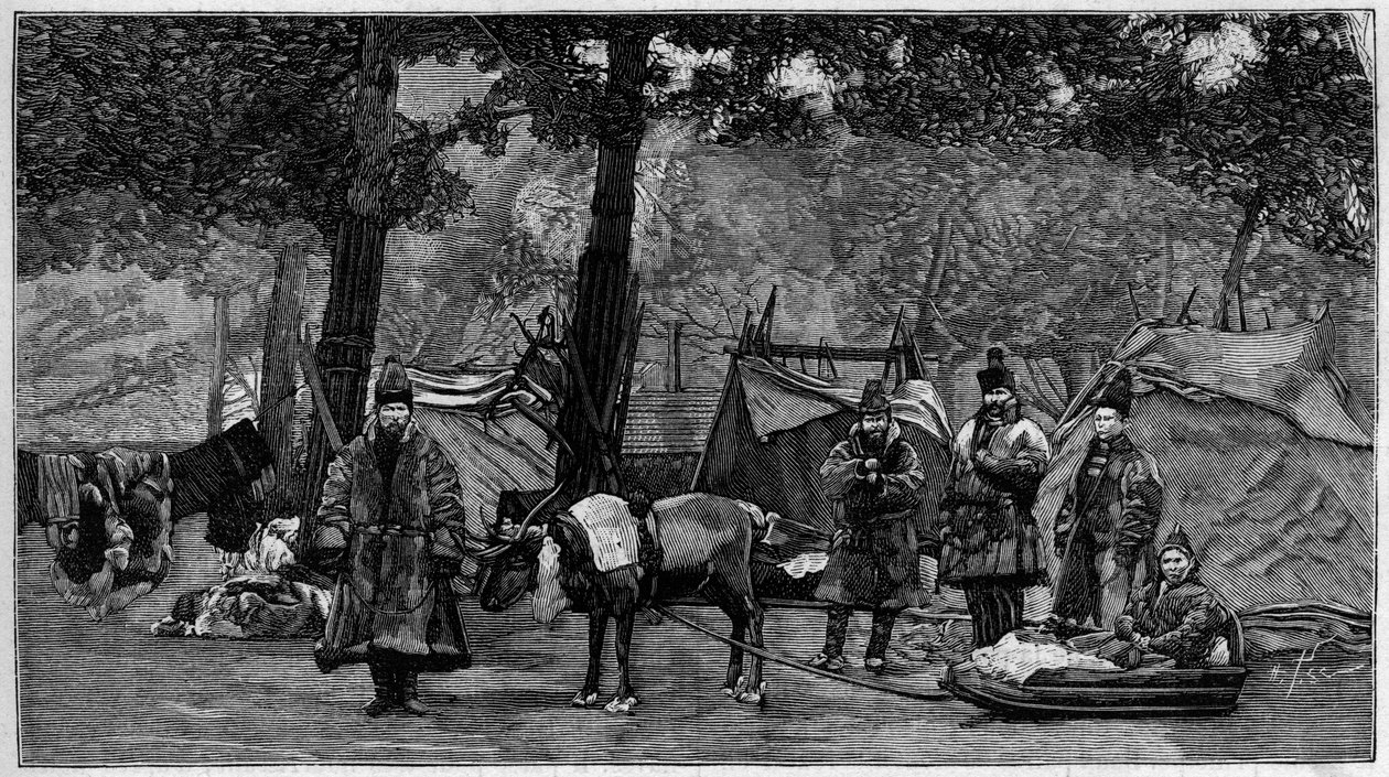 Menselijke dierentuin: Lappen kamp in de Acclimatation Tuin van Parijs. Gravure in 