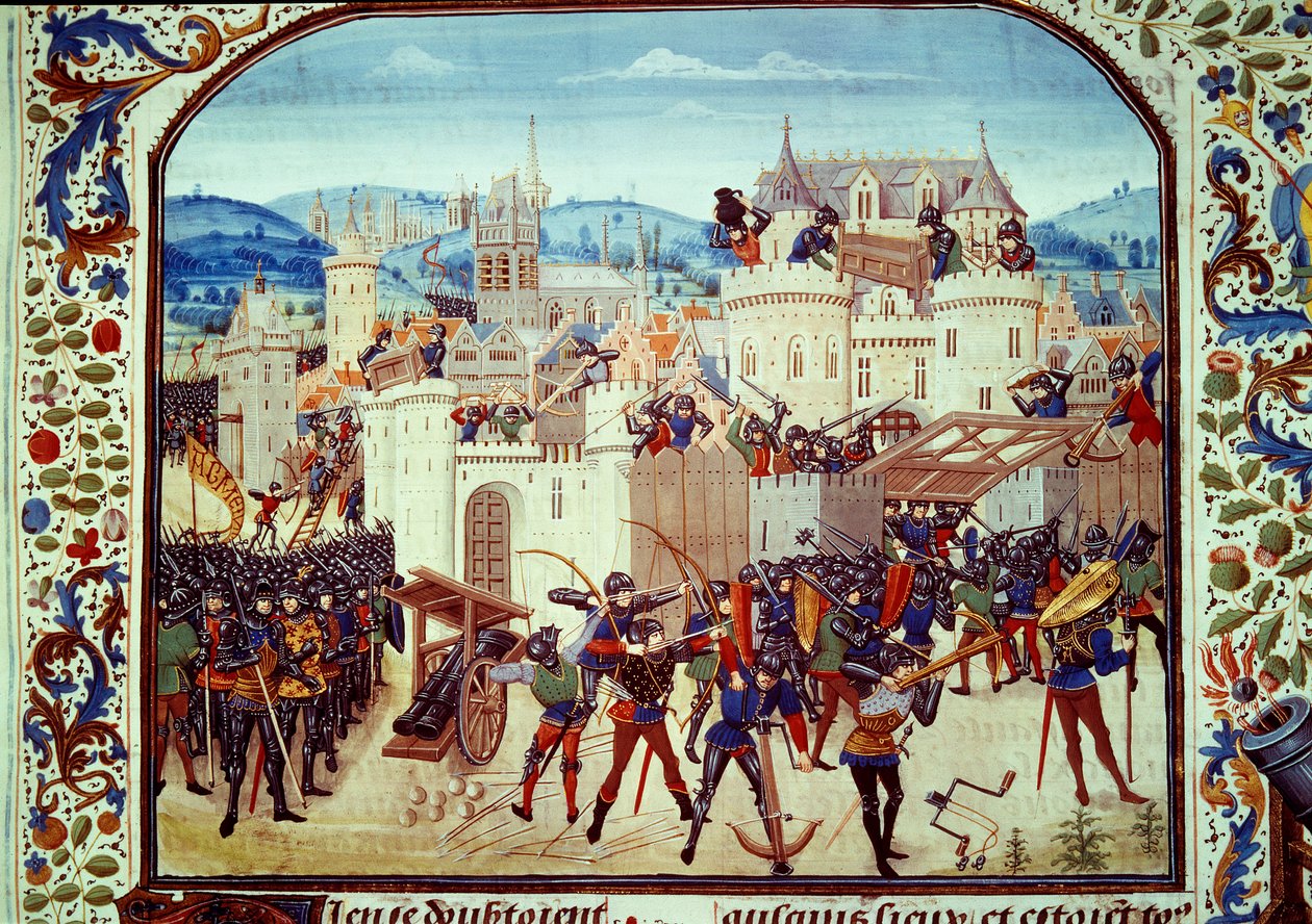 Honderdjarige Oorlog: de plundering van de stad Aubenton in Picardië door Graaf Jean de Hainaut in 1340. Miniatuur uit 