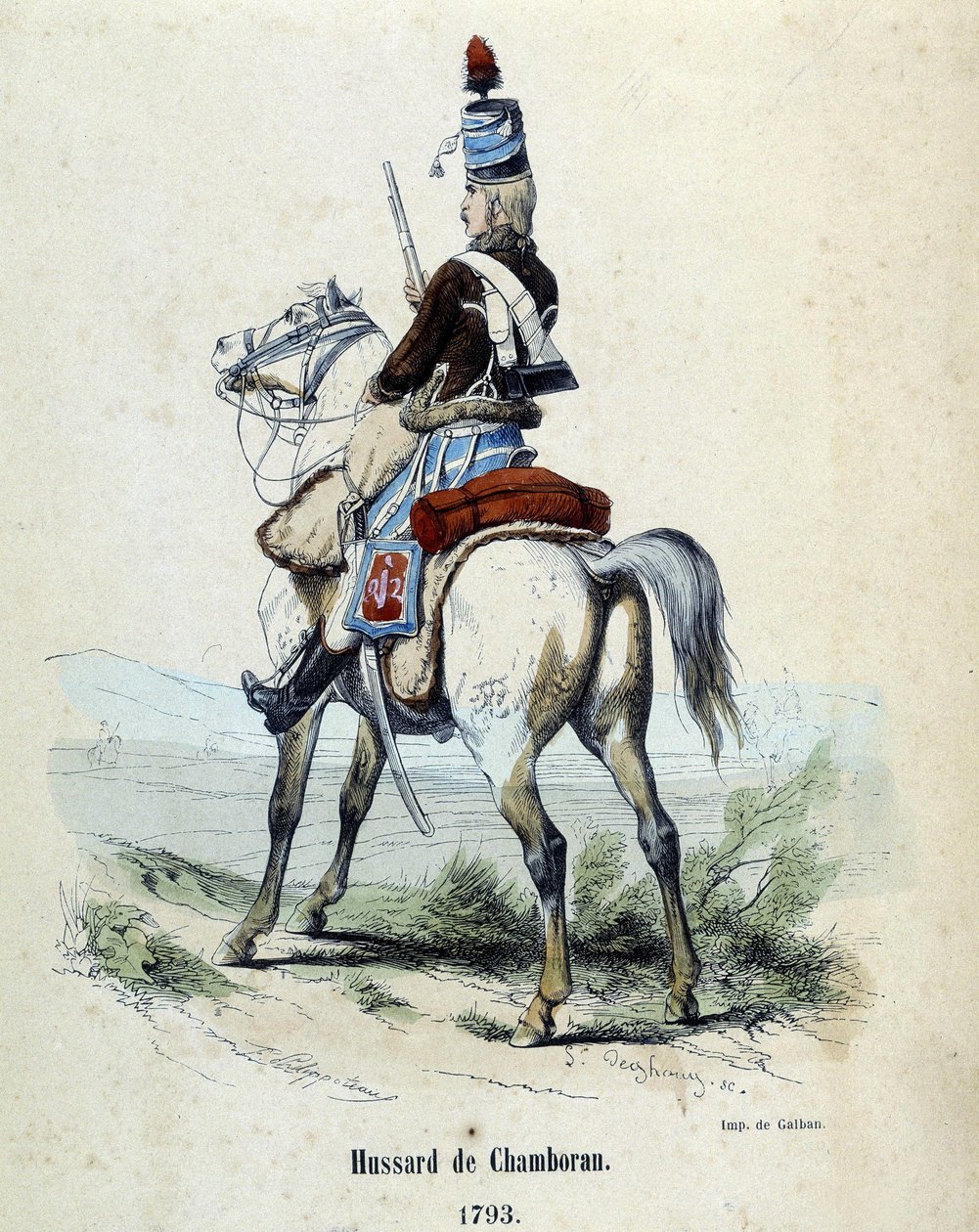 Hussard de Chamboran in 1793 te paard. door Unknown artist