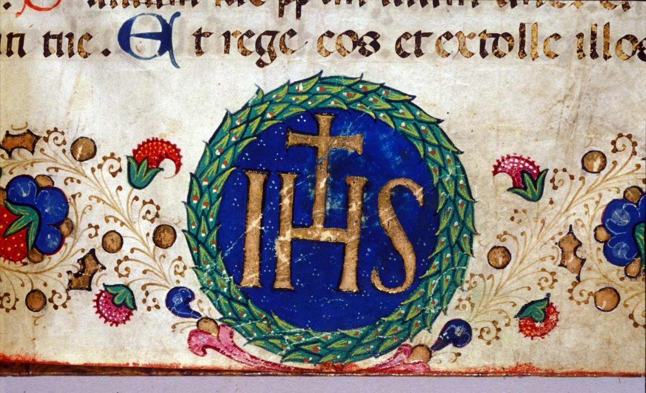 IHS christelijk symbool waarvan de betekenis Jezus is. Handschrift uit de 15e eeuw door Unknown artist